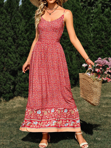 Woochic robe longue imprimé à fleurie à fines brides bohème de plage Rouge S